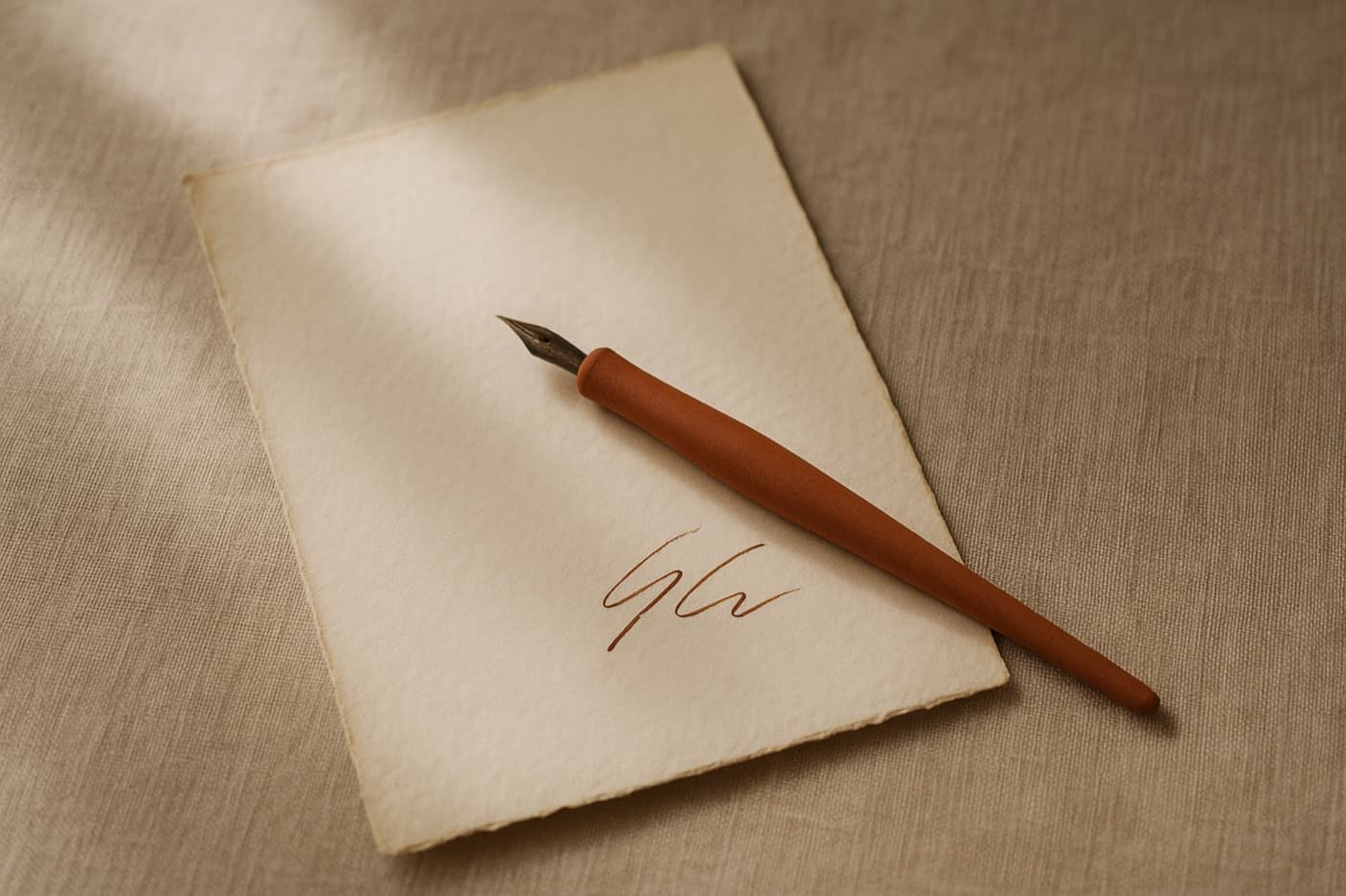 A pen resting on a handwritten page, on warm linen
