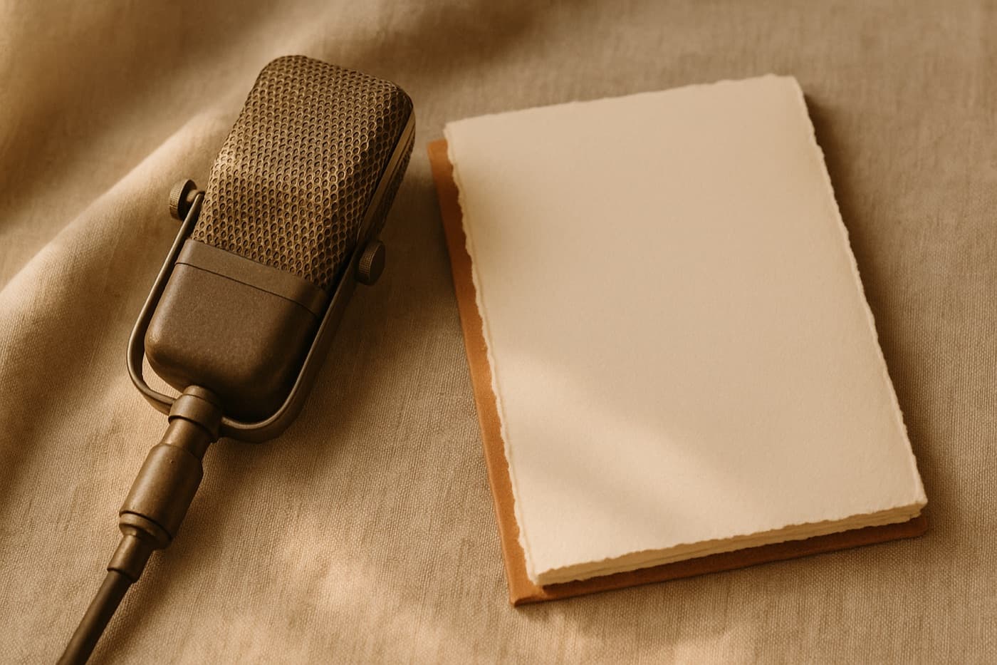 A microphone resting beside a paper notebook on warm linen