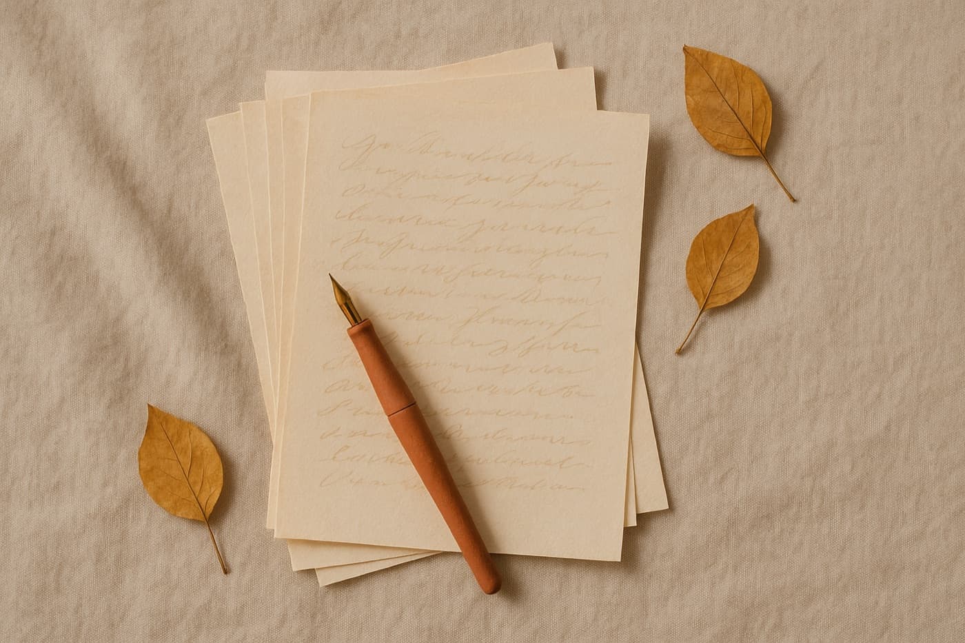 Handwritten pages and a pen on warm linen