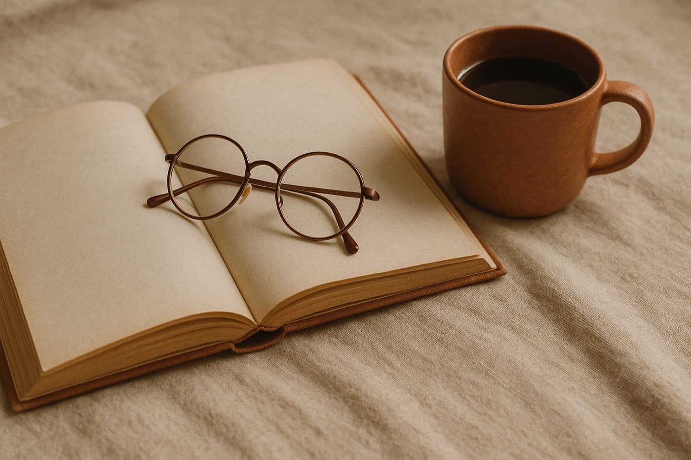 An open book with reading glasses and a warm cup of coffee on linen